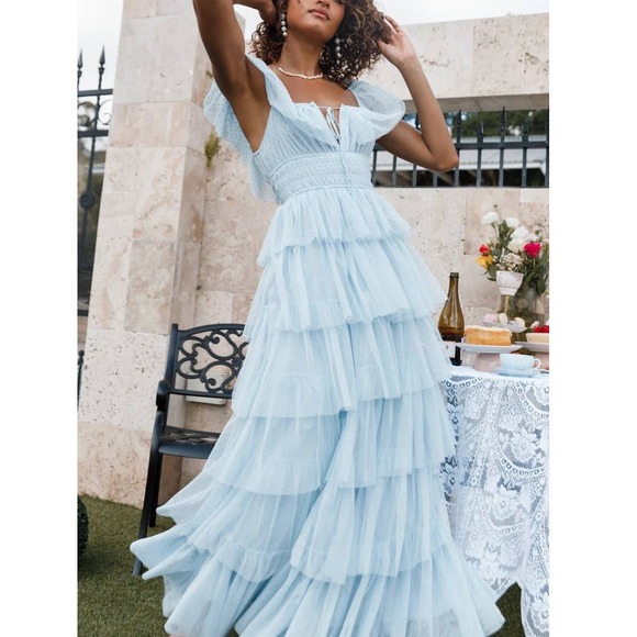 Petal & Pup Dresses & Skirts - NEW Petal & Pup Blue Belle Maxi Dress Tiered Ruffle Lace Balletcore Size Medium